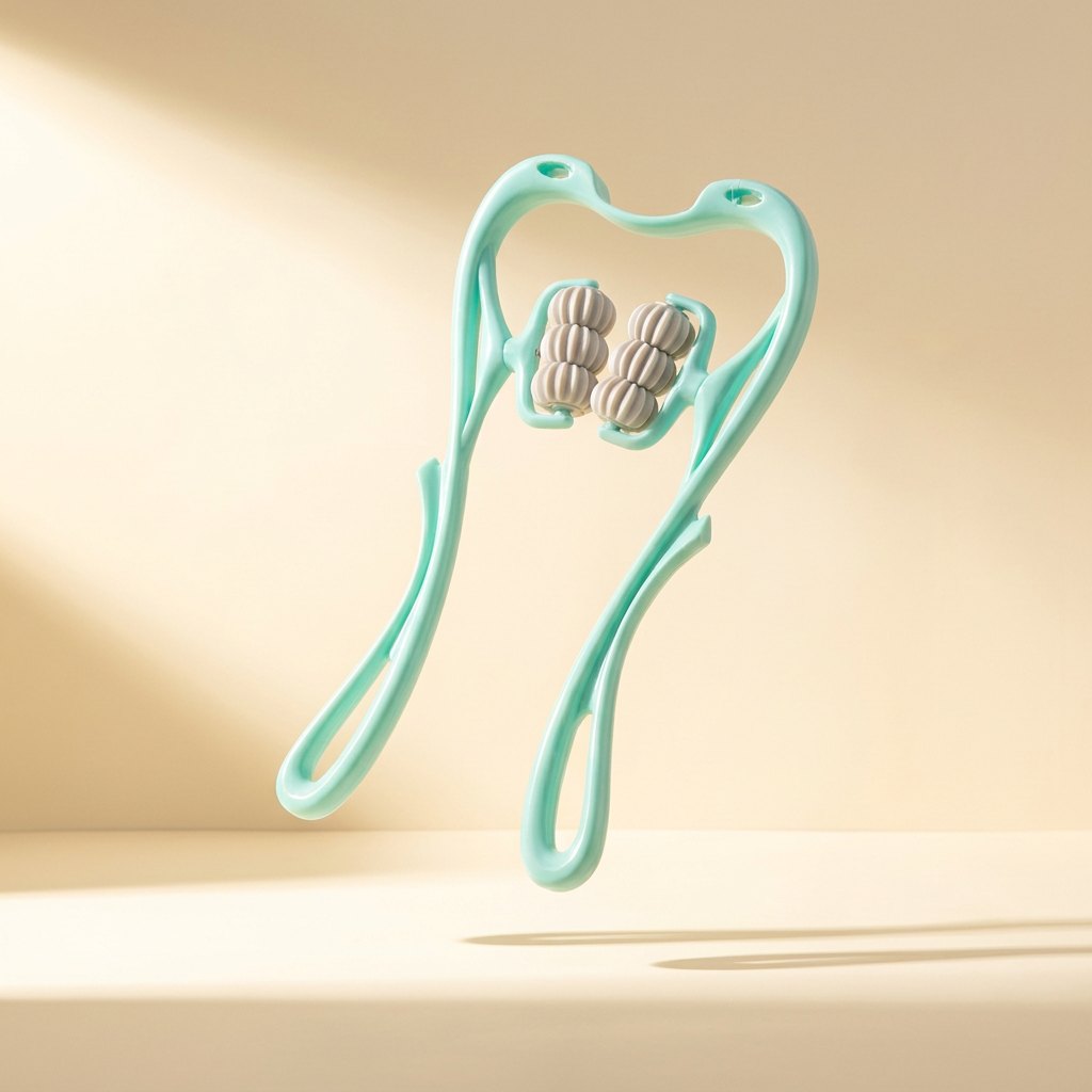 Mint-green NeckEase six-roller neck massager floating in warm morning light
