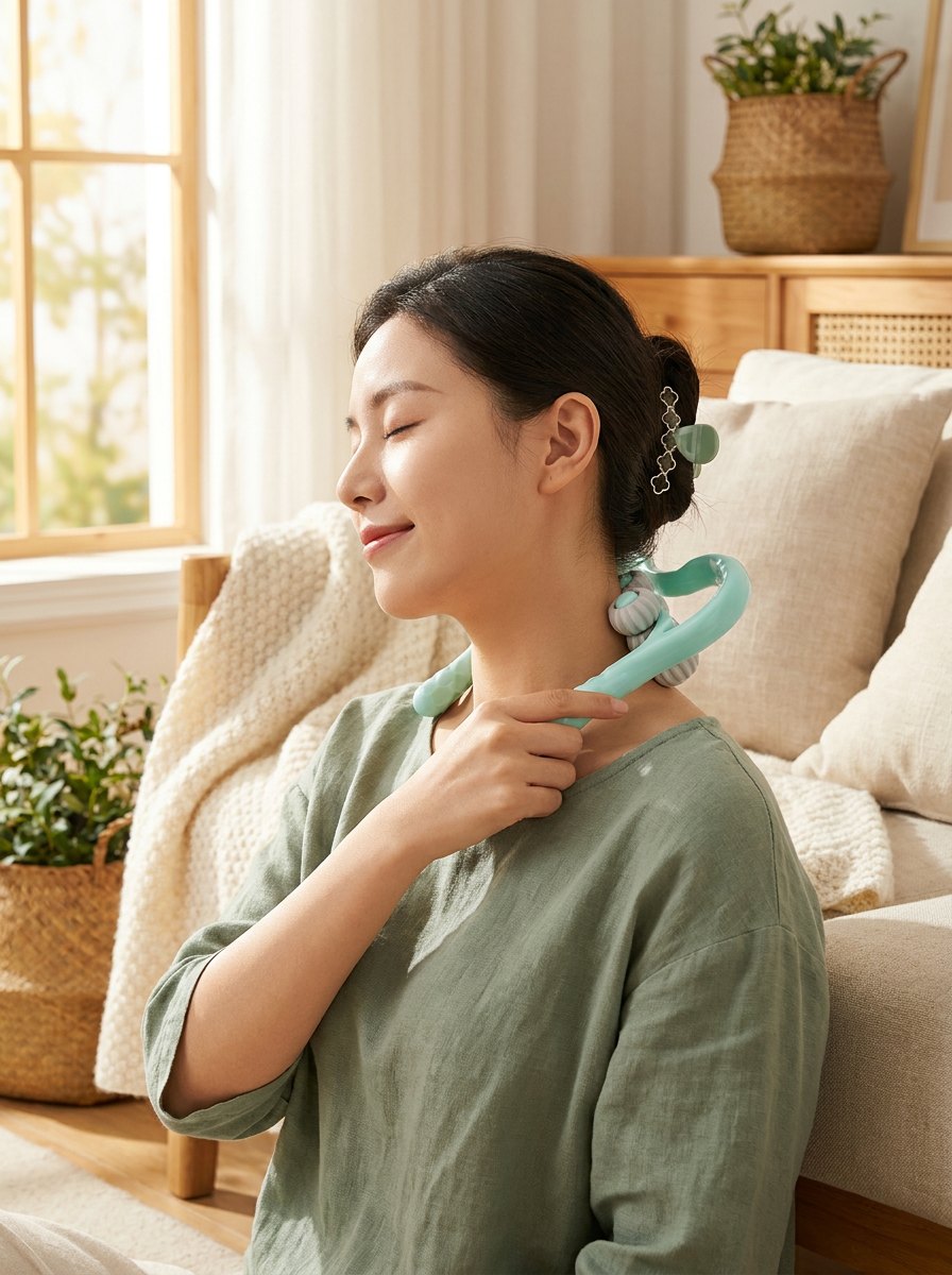 Woman relaxing at home while using the NeckEase roller on her neck